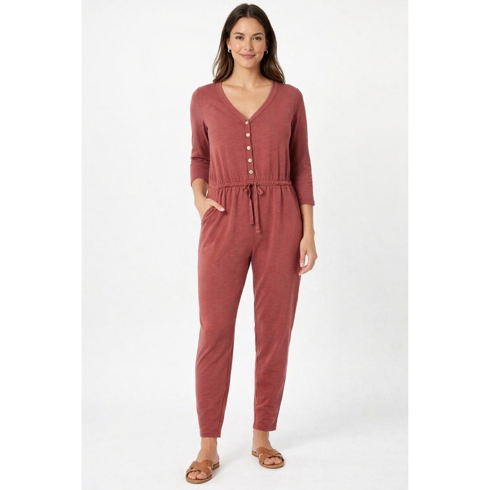 Garnet Hill Women Rust Knit Button Front Drawstring Waist‎ Jumpsuit Size S
